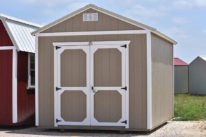 This is a painted utility building for sale or rent to own in Gulfport, MS by Gulf Coast Buildings